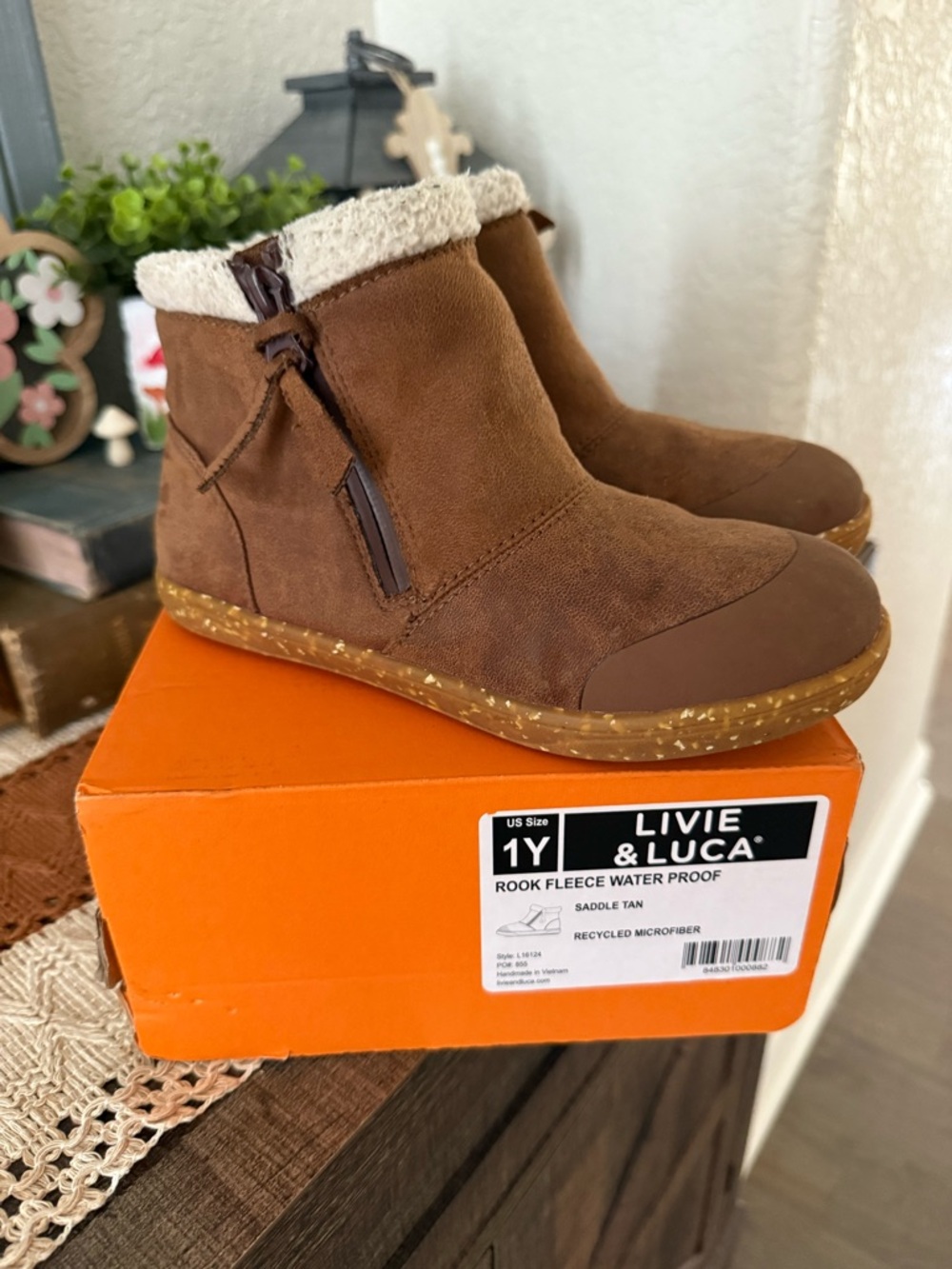 Livie & Luca Saddle Tan Rook Fleece Kids Boots